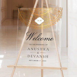 White Gold Mandala Indian Wedding Welcome Acrylic Sign