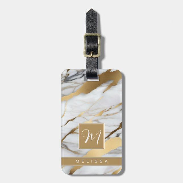 White Gold Marble Background Luggage Tag (Front Vertical)