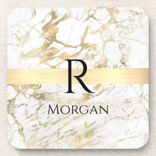 White & Gold Marble, Black Name & Monogram Coaster