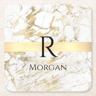 White & Gold Marble, Black Name & Monogram Square Paper Coaster