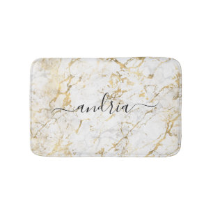 White & Gold Marble, Black Script Name Bath Mat