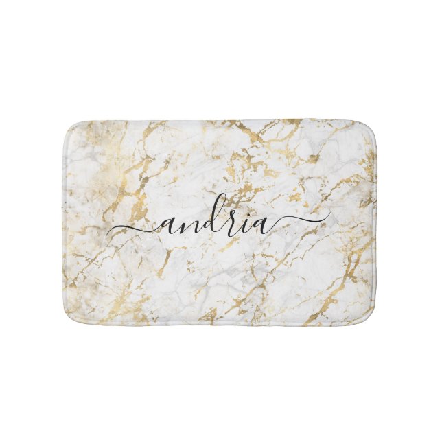 White & Gold Marble, Black Script Name Bath Mat (Front)
