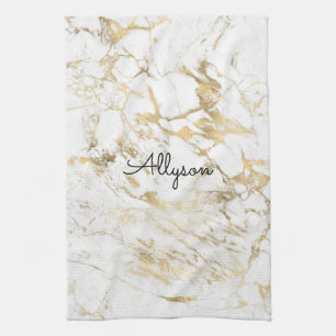 White & Gold Marble, Black Script Name or Monogram Kitchen Towel