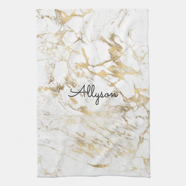 White & Gold Marble, Black Script Name or Monogram Kitchen Towel (Vertical)