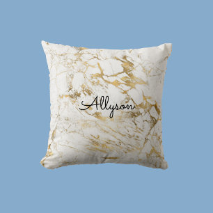 White & Gold Marble, Black Script Name or Monogram Throw Pillow