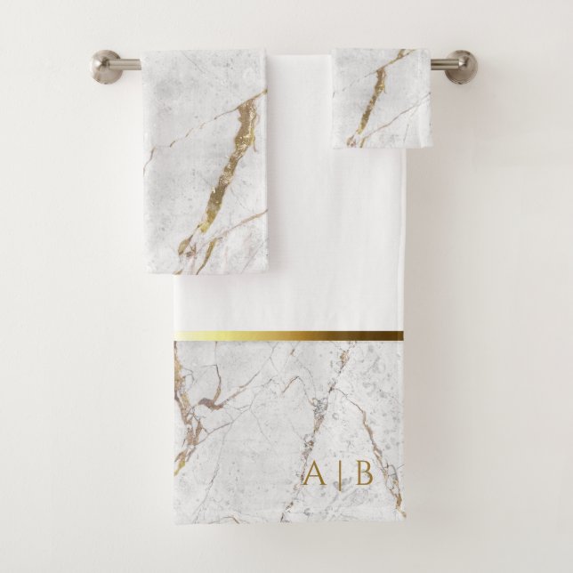 White & Gold Marble Cracks | Monogram  Bath Towel Set (Insitu)