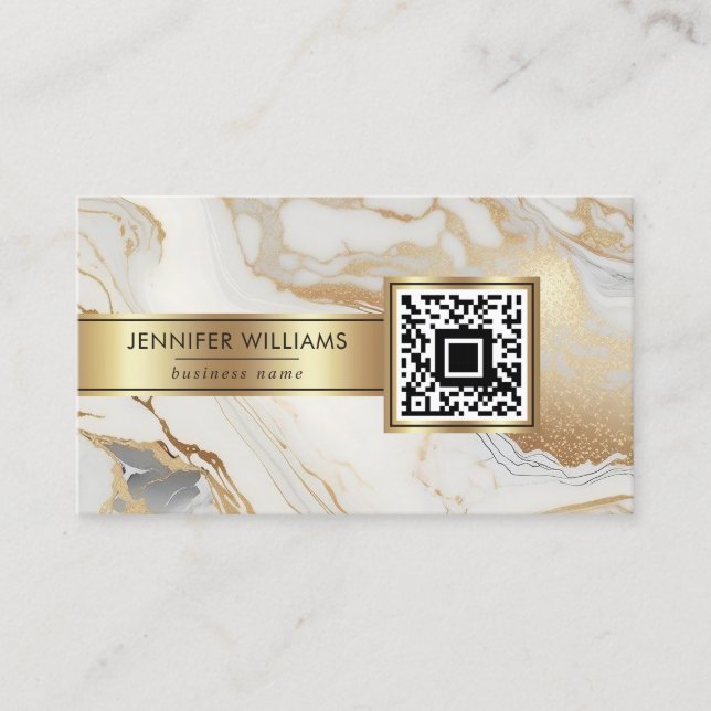 White Gold Marble Elegant Modern Custom QR Code  Business Card (Front)