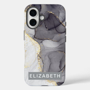 white gold marble glitter personalized name  iPhone 16 case