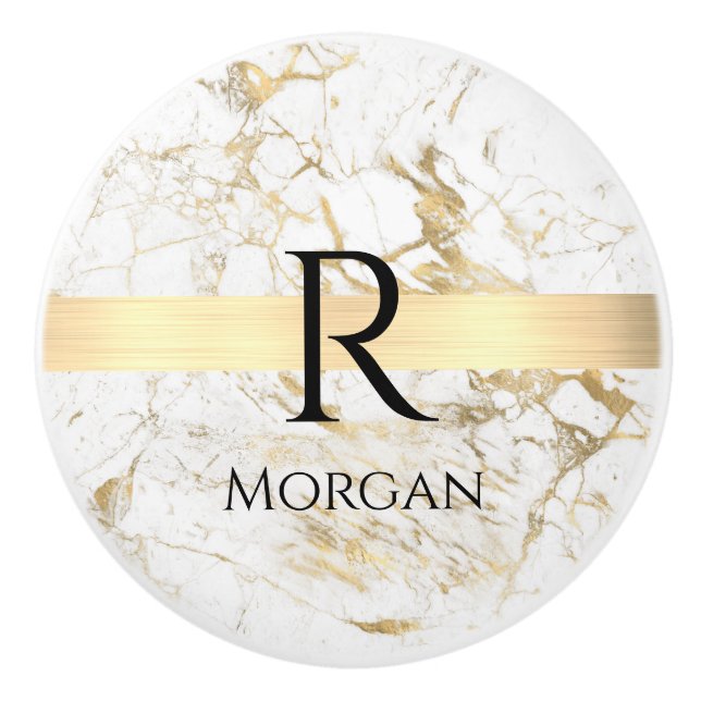 White/Gold Marble, Gold Bar, Black Name & Monogram Ceramic Knob (Front)
