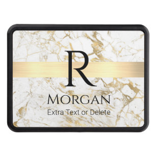 White/Gold Marble, Gold Bar, Black Name Monogram H Trailer Hitch Cover