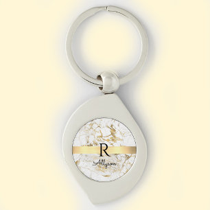 White & Gold Marble, Gold Bar, Black Name Monogram Keychain