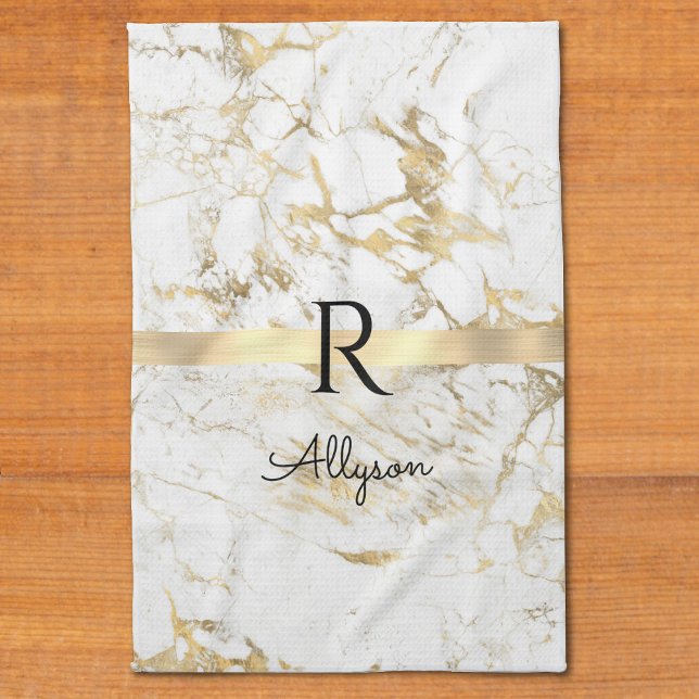 White & Gold Marble Gold Bar Script Name, Monogram Kitchen Towel (Creator Uploaded)