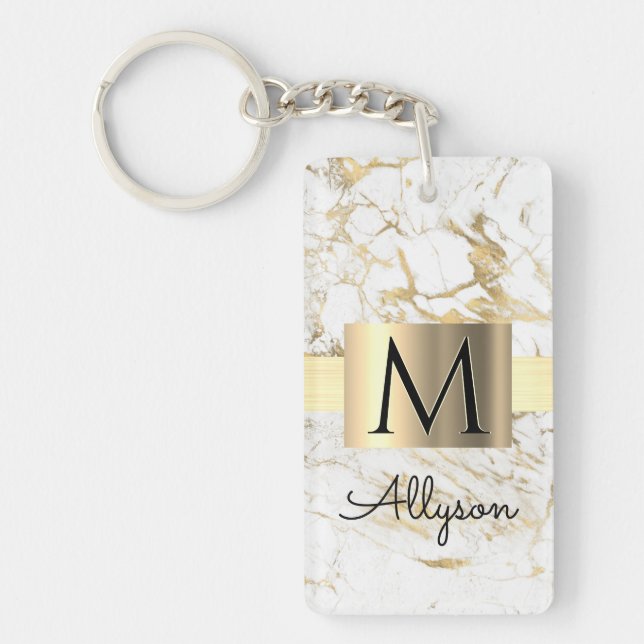 White & Gold Marble, Gold Box, Black Name Monogram Keychain (Front)