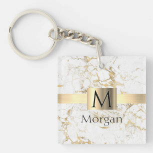 White & Gold Marble Gold Box, Black Name Monogram Keychain