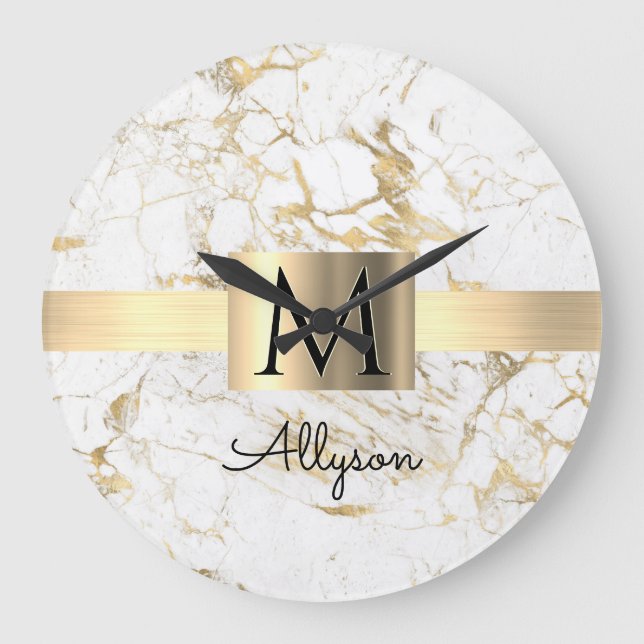 White & Gold Marble Gold Box, Black Name Monogram Large Clock (Front)