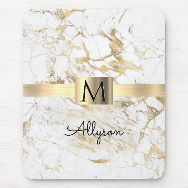 White & Gold Marble, Gold Box, Black Name Monogram Mouse Pad (Front)