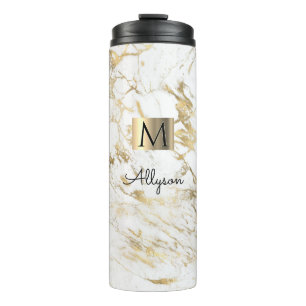White & Gold Marble, Gold Box, Name & Monogram Vs2 Thermal Tumbler