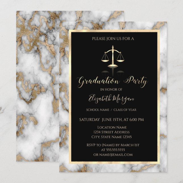  White Gold Marble Law School Graduation Party  Invitation (Front/Back)