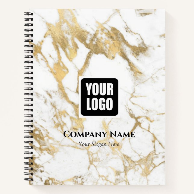 White & Gold Marble, Logo, Bus.Name Website Promo  Notebook (Front)