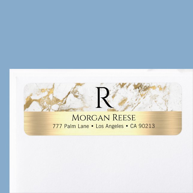 White & Gold Marble, Name & Monogram Address  (Creator Uploaded)