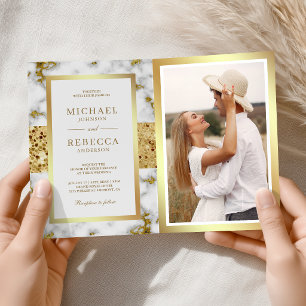 White Gold Marble Photo QR Code Wedding Invitation