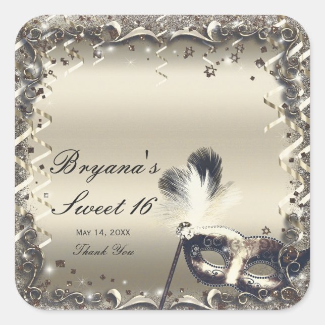 White Gold Masquerade Mask Elegant Ball Party Square Sticker (Front)
