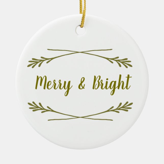 White & Gold Merry& Bright Ceramic Ornament (Front)