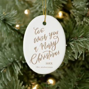 White & Gold Merry Christmas Lettering Photo Ceramic Ornament