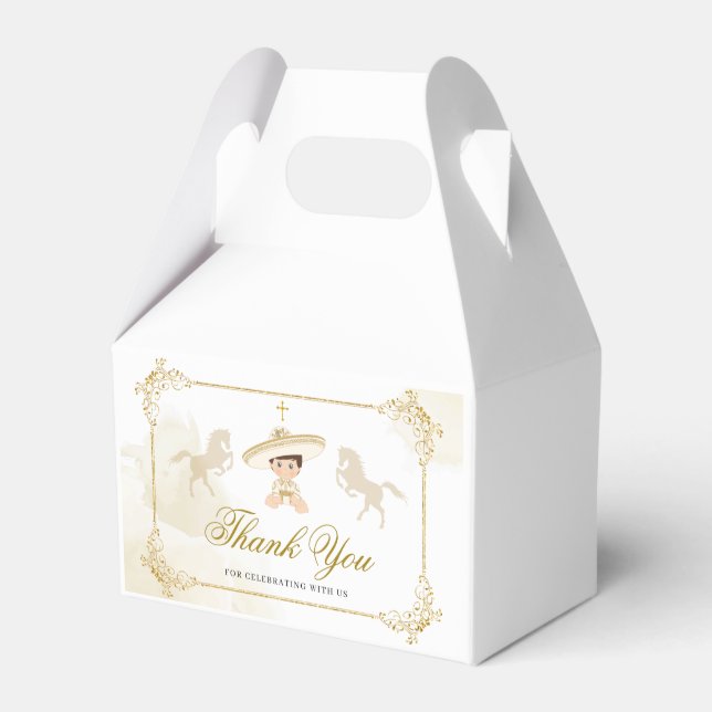 White Gold Mexican Boy Baptism 1st Birthday Favor Box (Front Side)