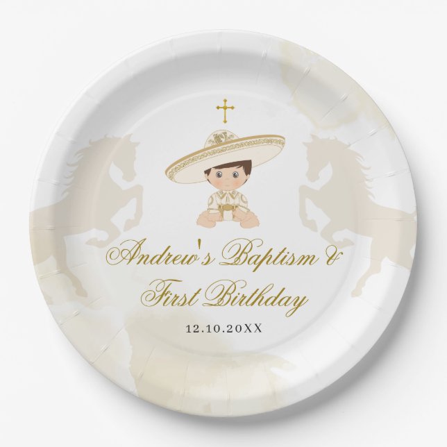 White Gold Mexican Boy Baptism & First Birthday Paper Plate (Front)