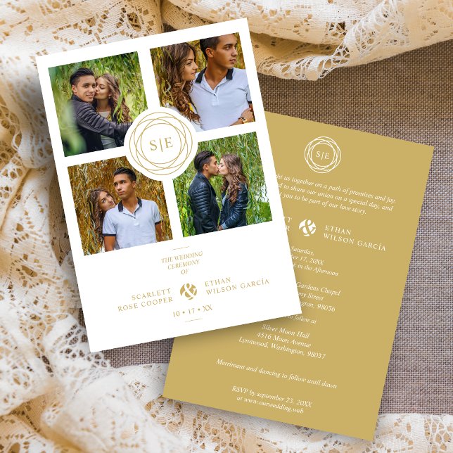 White Gold Minimal Initials Wedding Fancy 4 Photos Invitation (White & Fake Gold Minimal Initials Simple Fancy 4 Multi Photos Collage Wedding Invitation Card.)