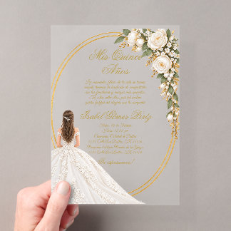 White & Gold Mis Quince Años Acrylic Invitations