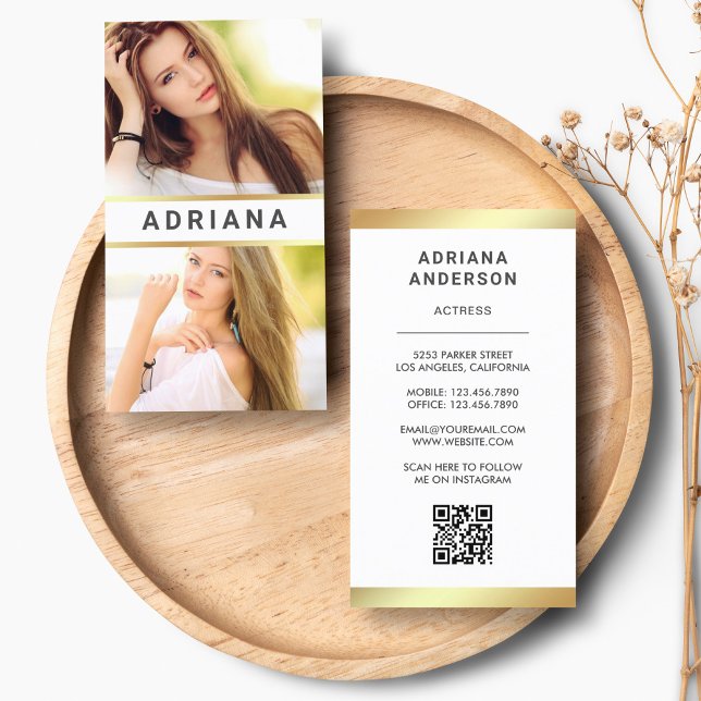White Gold Model Actress QR Code 2 Photo Collage Business Card (Creator Uploaded)