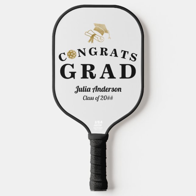 White & Gold Modern 2024 Graduation Congrats GRAD Pickleball Paddle (Front)