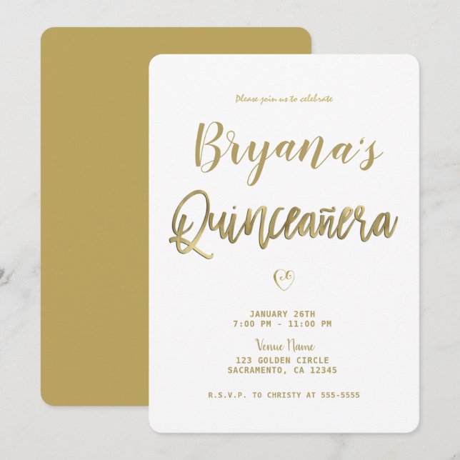 White & Gold Modern Minimal Chic 15 Quinceañera  Invitation (Front/Back)