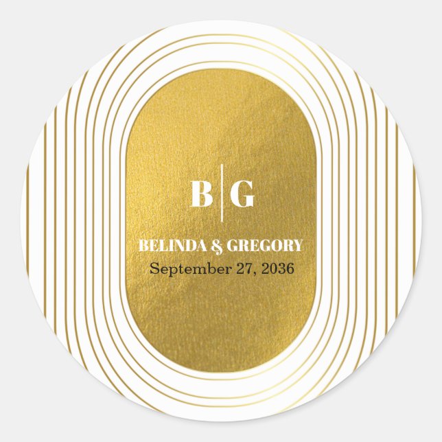 White & Gold Modern Minimalist Arch Wedding Classic Round Sticker (Front)
