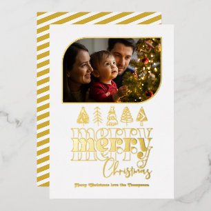White & Gold Modern Retro Doodle Christmas Photo Foil Holiday Card