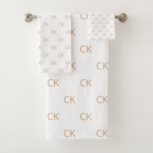 White gold monogram initials modern elegant bath towel set