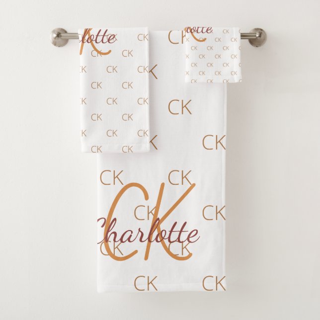 White gold monogram initials name script elegant bath towel set (Insitu)