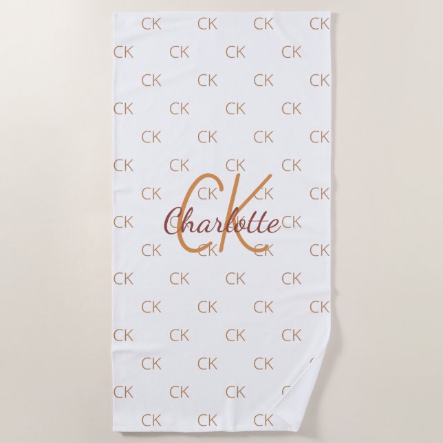 White gold monogram initials name script elegant beach towel (Front)