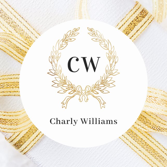 White gold monogram initials wreath classic round sticker (Creator Uploaded)