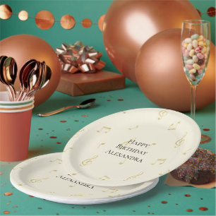 White Gold Music Notes Birthday Paper Plate