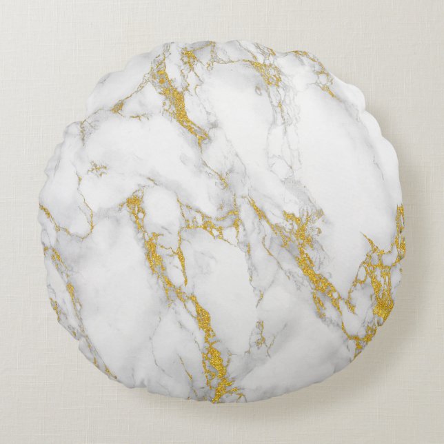 White & Gold Natural Marble Stone Texture Round Pillow (Front)