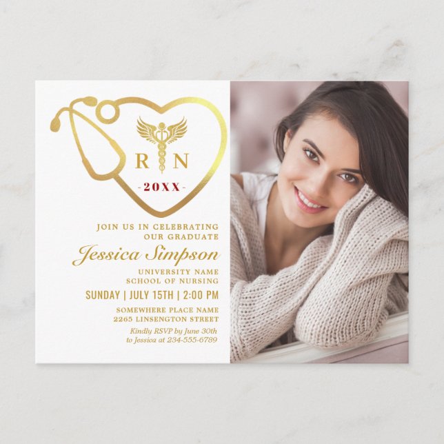 White Gold Nursing Graduation Invitation Postcard (Front)