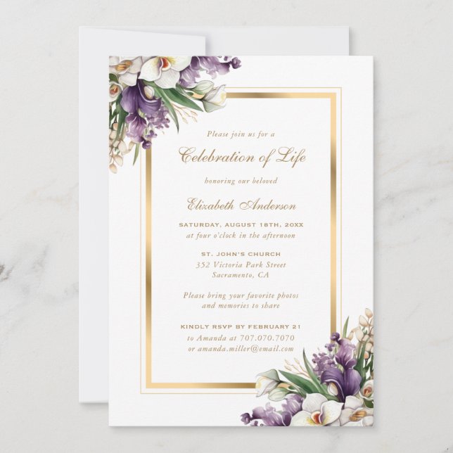 White Gold Orchid Floral Photo Celebration of Life Invitation (Front)