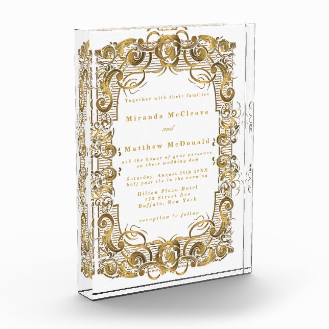 White Gold Ornament Keepsake Wedding Invite Photo Block (Left)