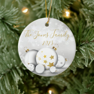 White & Gold Ornaments with Stars - Personalize