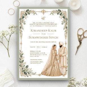 White Gold Ornate Border Eucalyptus Sikh Wedding Invitation