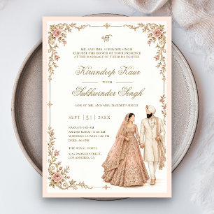 White Gold Ornate Border Pastel Pink Sikh Wedding Invitation
