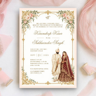 White Gold Ornate Border Pink Floral Sikh Wedding Invitation